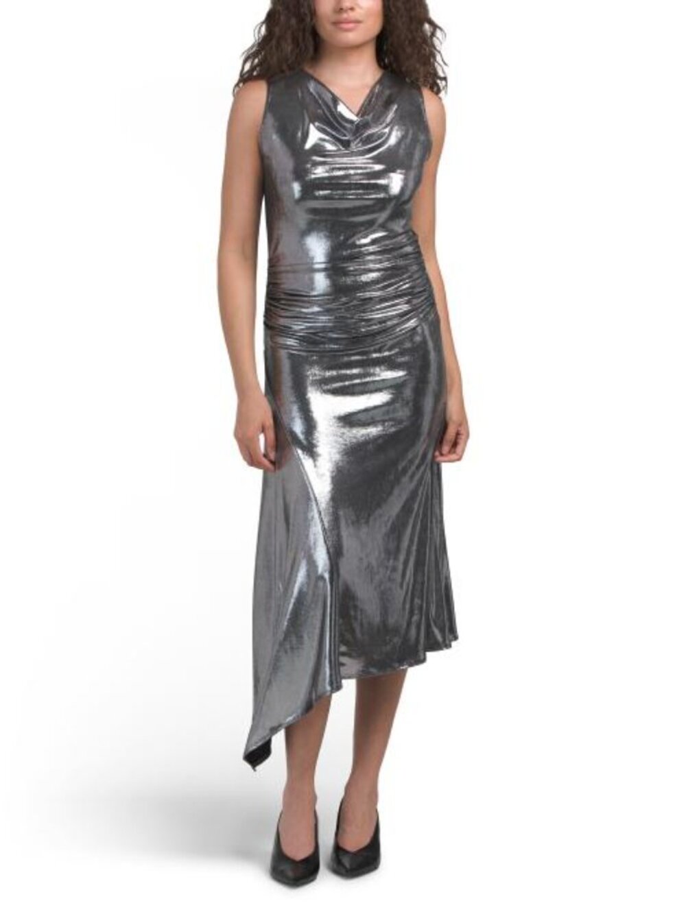 TASH & SOPHIE Made In Usa Slinky Foil Midi Dress With Cowl Neck